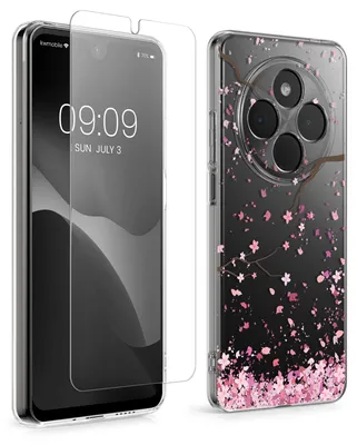 Produktbild von kwmobile Hülle kompatibel mit Xiaomi Redmi 14C / Poco C75 Handyhülle - Silikon Case transparent - Mit Glas Schutzfolie - Kirschblütenblätter Rosa