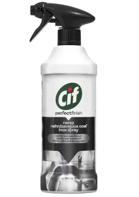 A spray bottle of Cif stainless steel cleaner against a white background.