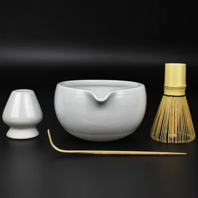 Immagine prodotto di Set per la cerimonia del tè Matcha, 4 pezzi: ciotola, frusta, cucchiaino per il tè, in bambù e Vetroceramica, color beige chiaro