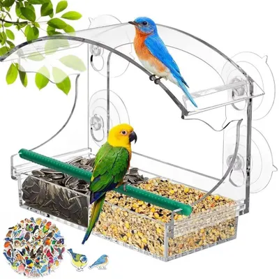 Image de Nichoir pour oiseaux, en acrylique, distributeur de nourriture pour oiseaux, station d'alimentation pour oiseaux, bac transparent pour fenêtres, abri transparent pour oiseaux (B)