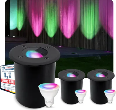 Produktbild von SSC-LUXon 3er Set JUAVI Bodeneinbauleuchte - Steuerbar per App & Sprache - Bodenstrahler schwarz mit Smart GU10 WLAN RGBW 4W dimmbar