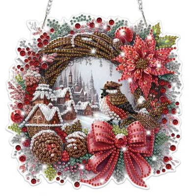 Produktbild von Diamond Painting Anhänger 5D Winterszene Kranz Fensterbild Bastelset für Erwachsene Weihnachtsdeko
