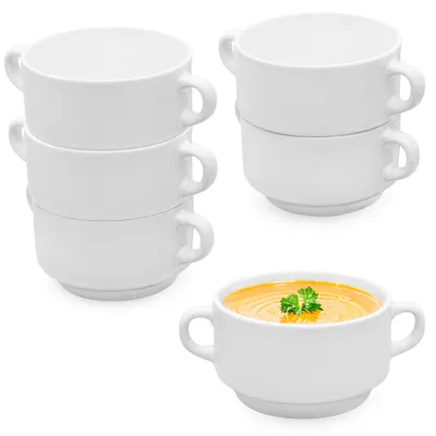 Immagine prodotto di Tazza da minestra in Vetroceramica da 200 ml, bianca con manico - Set da 6 pezzi - Tazze da minestra impilabili per minestra e dessert - Zuppiera in Vetroceramica