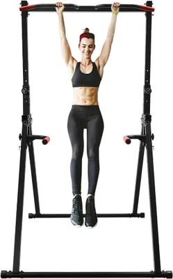 Imagen del producto de Estación de dominadas, torre de fuerza con barra para dominadas, torre de fuerza multifuncional, equipo de entrenamiento de fuerza con barra para dominadas y soportes para flexiones, estructura triangular, estable