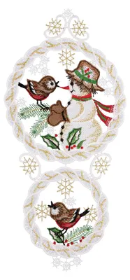 Produktbild von Fensterbild "Schneemann mit Vogel", farbig, 15 x 32 cm, Original Plauener Spitze
