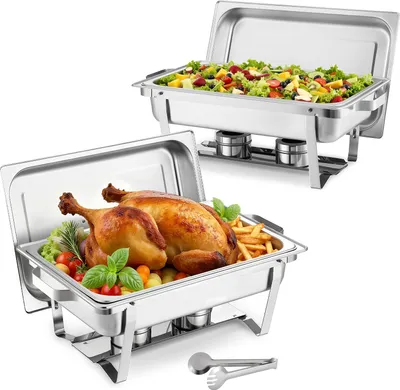 Immagine prodotto di VEVOR set scaldavivande rettangolare 8,5 L (2 pz.) Scaldavivande a buffet con manico & 1 pinza per alimenti & coperchio & supporto per carburante, adatto per banchetto festa matrimonio argento