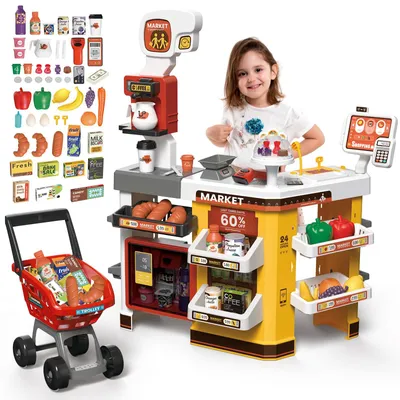 Imagen del producto de 65 accesorios para tiendas, supermercado de juguete con carrito de compras y caja registradora con escáner y sonido, para niños a partir de 3 años