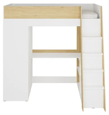 Produktbild von Hochbett 90 x 190 cm mit Kleiderschrank und Schreibtisch – Farbe: Natur und Weiß – ARMONESA