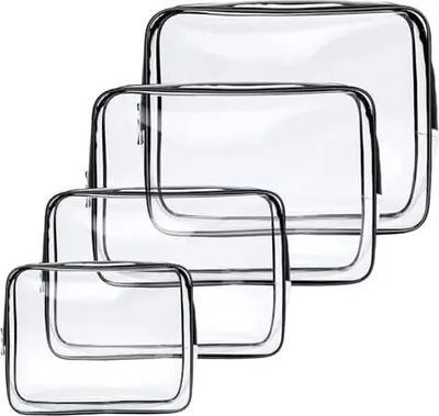 Produktbild von 4 Stück Kulturbeutel Transparent, Kosmetiktasche Durchsichtig PVC Reise Waschtaschen für Wasserdicht Reise Set Männer Frauen Kinder Familie