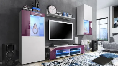 Produktbild von Vladon Wohnwand Movie, Anbauwand bestehend aus 1 TV-Board, 2 Vitrinen und 1 Regal, Weiß matt/Weiß matt/Brombeer Hochglanz, inkl. LED-Beleuchtung blau (Gesamt: 300 x 190 x 39 cm)