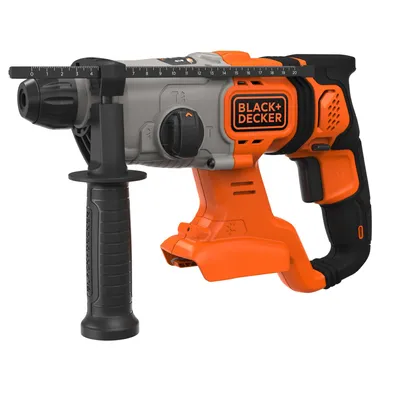 A Black & Decker rotary hammer drill is shown against a white background.
