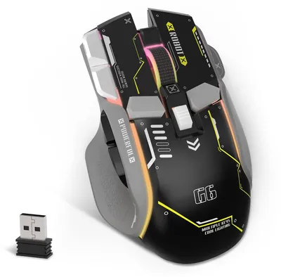 Image de Souris KUIYN G6, tri-mode (filaire, 2,4 GHz, Bluetooth), connecteur Type C, avec 11 effets de rétroéclairage RGB, souris gaming mécanique avec 10 boutons et bouton de tir, DPI réglable, compatible Windows – noire