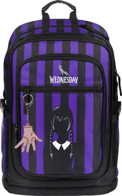 A backpack with a Wednesday Addams theme.