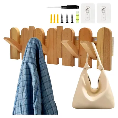 Produktbild von Wandgarderobenleiste aus Holz, moderne und platzsparende Garderobenleiste mit 6 Haken, Holzplatte mit klappbaren Haken für Jacken, Mäntel, Schals, Handtaschen