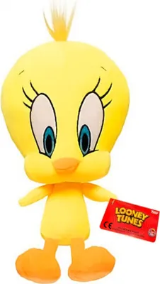 A plush toy of the cartoon character Tweety Bird is shown against a white background.