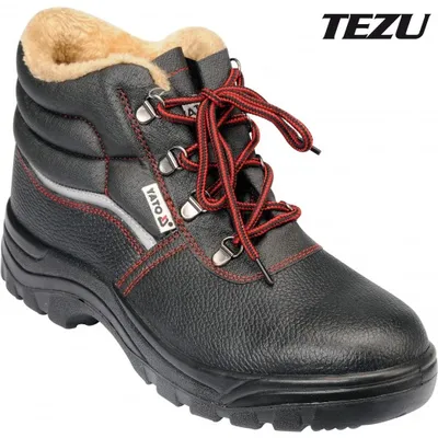 A black work boot with red laces and faux fur lining, shown from a three-quarter angle.