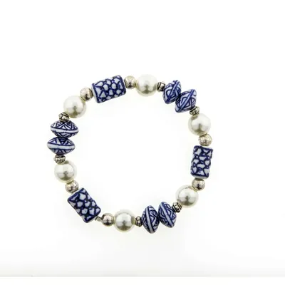 Image de Heinen Delfts Blauw – Bracelet en perles blanches – Céramique – Élastique