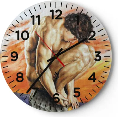 Produktbild von Wanduhr - Rund - Glasuhr - Körper Mann bunt - 30x30cm - Schleichendes Uhrwerk - Lautlos - zum Aufhängen bereit - Dekoration Modern - Wanddekoration aus Glas - C4AR30x30-4151