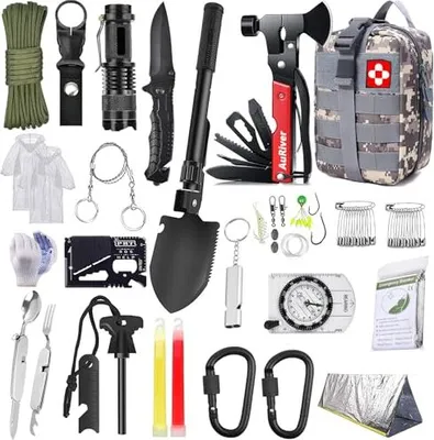 Produktbild von Auriver Survival Kit 163 in 1, Notfallausrüstung Kompass, Jagdmesser, Multitool, Hammer, Axt Torch andere Accessoires, Geschenke Männer, Camping, Camp