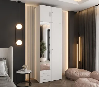 Produktbild von Drehtürenschrank 242x80x48 cm Weiß mit Spiegel, Aufsatz und 2 Schubladen – Moderner Kleiderschrank mit viel Stauraum für Schlafzimmer und Flur