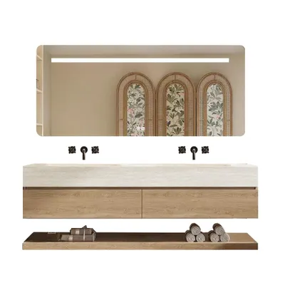 Immagine prodotto di Set doppio lavabo sospeso, effetto travertino, con specchio, mobile sottolavabo, pietra sinterizzata, senza foro rubinetteria 140×55 cm【RW4822-140 BKK】