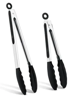 Productafbeelding van Grilltang en keukentang - roestvrij staal - set van 2 - 34 cm en 26 cm - zwart