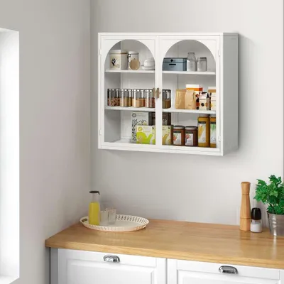 Produktbild von 70cm Wandschrank Glas Doppeltür Modern Weiß Geflochten Muster Bad Wohnzimmer Flur Küche