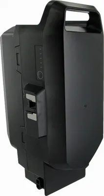 A black e-bike battery pack with a handle on a white background.
