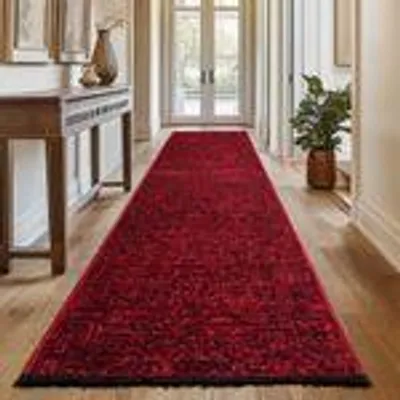 Produktbild von Moderner Boho Teppich, Vintage Design & Komfort aus Chenille für Wohnzimmer, Schlafzimmer, Büro & Küche, Größe: 80 x 250 cm, Farbe: Rot