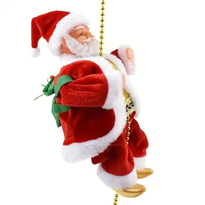A plush Santa Claus figure hanging from a gold beaded string.