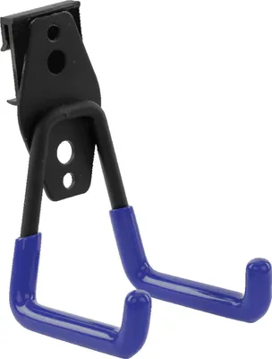 Image de Panneau à crochets BOTLE, crochets à outils, « droits » 7 cm, solides avec revêtement PVC, pour garage, atelier, remise, crochets pour équipements sportifs, crochets doubles, capacité de charge jusqu'à 40 kg, pour rallonges électriques, bleu