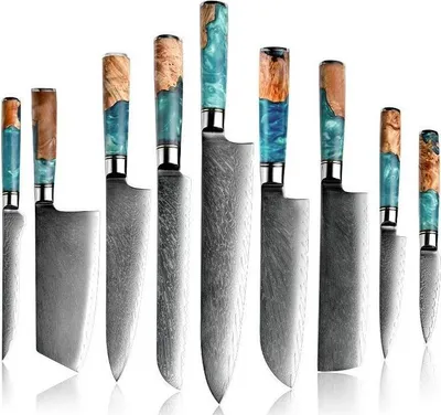 Produktbild von Set Damast Küchenmesser Shizuku – Professionelles 9-teiliges Set in Blau KP38067