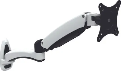 A white monitor arm mounted on a white wall bracket, shown against a white background.