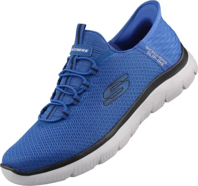 A blue Skechers Slip-ins sneaker shown from a side angle against a white background.