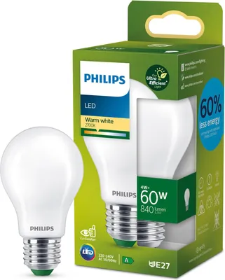 A Philips LED light bulb and its packaging are shown.