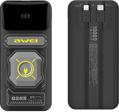 Zdjęcie produktu dla AWEI PowerBank z wbudowanym kablem       Lightning/USB-C P77K 10000mAh czarny/black 22.5W