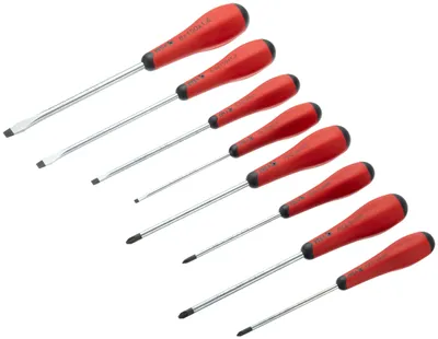 Productafbeelding van Peddinghaus schroevendraaierset 9129001901: 4 platte schroevendraaiers + 2 Phillips (PH) + 2 Pozidriv (PZ), Redgrip, 8-delig
