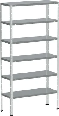 A freestanding metal shelving unit with six shelves against a white background.