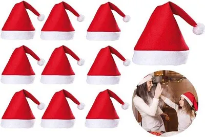 Produktbild von Weihnachtsmützen - 10 Stück - Einheitsgröße - 27 × 35 cm - Weihnachtsmützen - Rote Weihnachtsmütze - Weihnachtsmannmütze - Weihnachten - Weihnachtsdekoration - Weihnachtsgeschenk - Kostümparty
