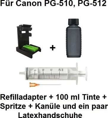 A collection of items for refilling printer ink cartridges, including an adapter, ink bottle, syringe, and needle.