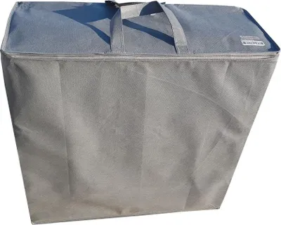 A gray storage bag for a folding mattress.