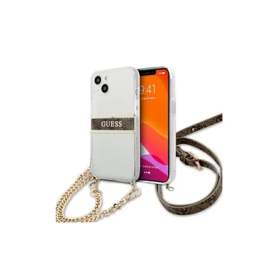 A white iPhone 13 mini case with a brown strap and gold chain is displayed against a white background.