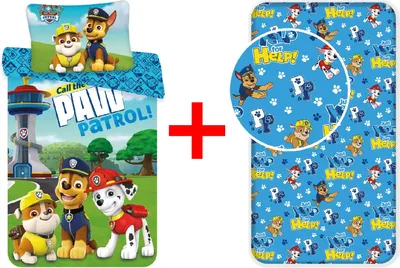 Obrázok produktu pre Detská posteľná bielizeň Paw Patrol 100 x 135 cm (perina) + 40 x 60 cm (vankúš) a napínacie prestieradlo 90 x 200 + 25 cm, 100 % bavlna