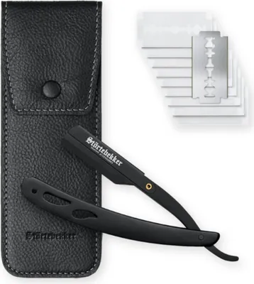 Immagine prodotto di Störtebekker® Rasoio nero con custodia in pelle fatta a mano (nero) - Set da barba con 10 lamette, custodia da viaggio - Rasoio a lame intercambiabili