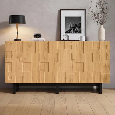 Image de Buffet Merax avec 3 portes et 5 espaces de rangement, commode à motif en nid d'abeille, système d'ouverture par pression, meuble de rangement en MDF, style rustique, couleur bois