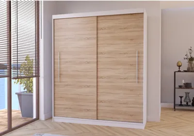 Produktbild von Schwebetürenschrank Kleiderschrank Schrank 204cm Weiß/Sonoma ohne Spiegel mit LED Beleuchtung Torino