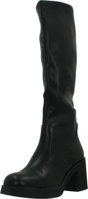 A black leather boot on a white background.