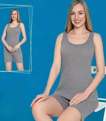 Produktbild von Damen Pyjama Grau L Shorty Kurz 2-Teiler Set Baumwolle C-84