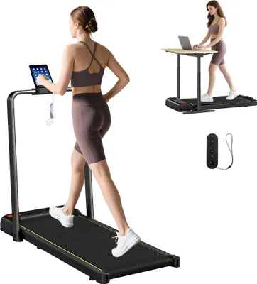 Image de SPORTNOW Tapis de marche 2 en 1, tapis de course pliable inclinaison de 4%, 1-6 km/h, walking pad avec télécommande et LED, 2,0HP, treadmill compact, utilisable sous bureau pour maison & bureau, noir