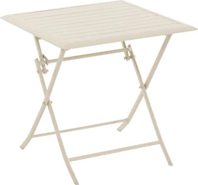 A square, foldable garden table with a slatted top and X-shaped legs, presented against a white background.